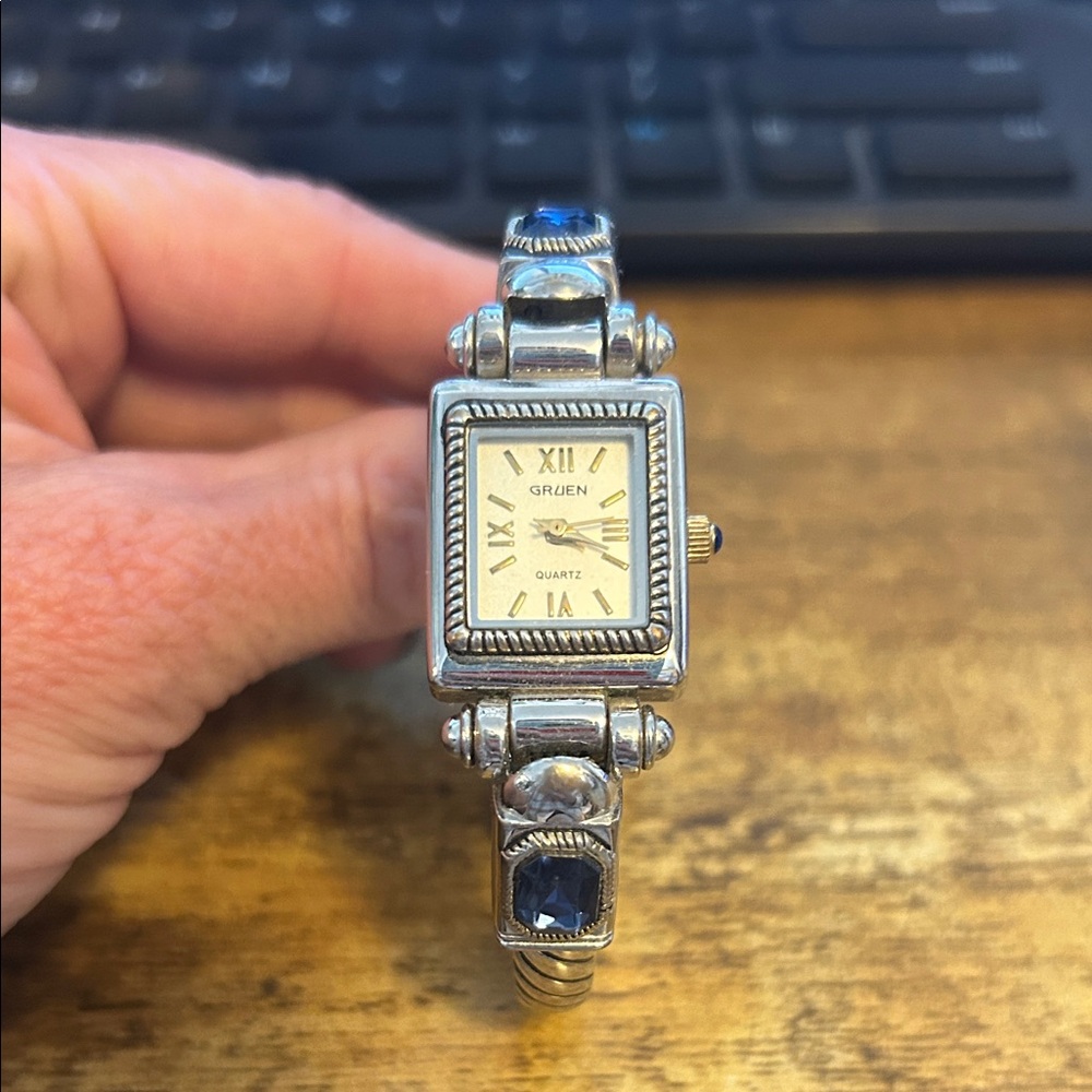 Gruen Silver Tone Women's Quartz Bracelet Watch with Blue Stones